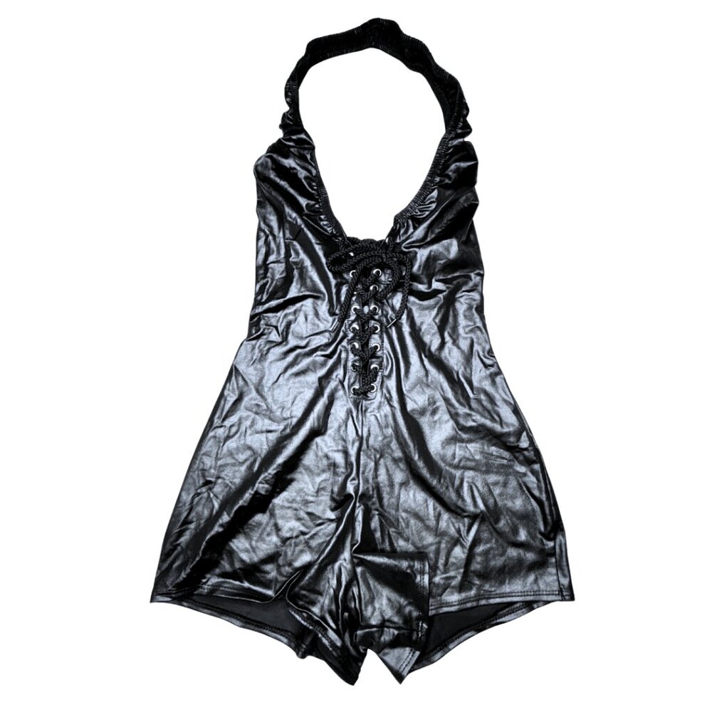 NWOT Black Faux Leather Lace-Up Halter Romper Clubwear Bodysuit